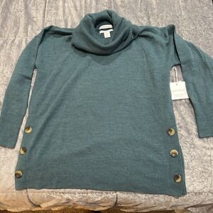 Ellen Tracy Sweater Womens XL Blue Green Cowl Neck Merino Wool‎ Side Buttons NWT